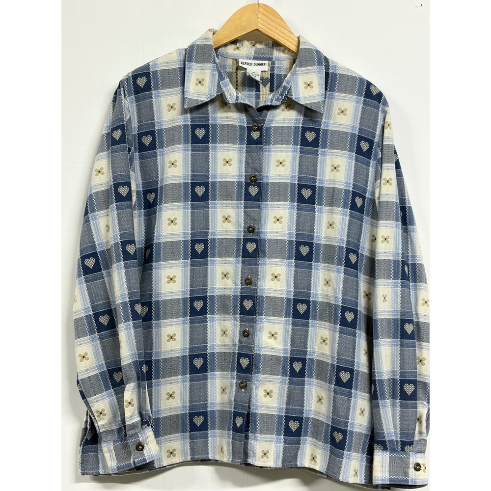 Alfred Dunner Blue Plaid Heart Floral Button Down Shirt Size 16 Long Sleeve